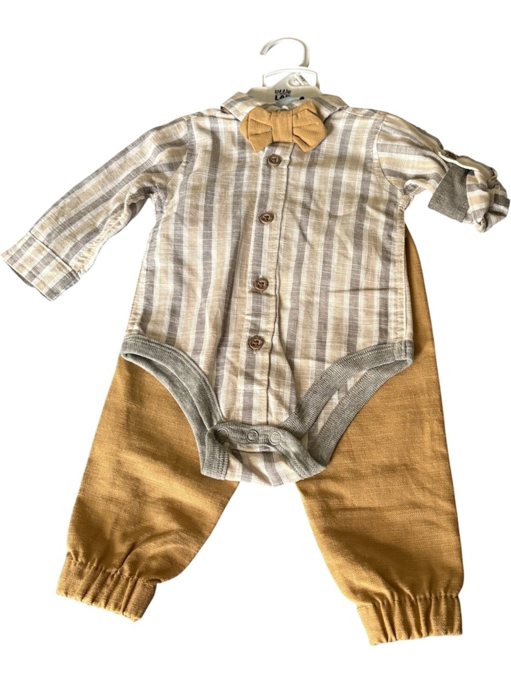 Little Lad Striped Beige & Mustard Baby One-Piece Set with Bow - Classic Look